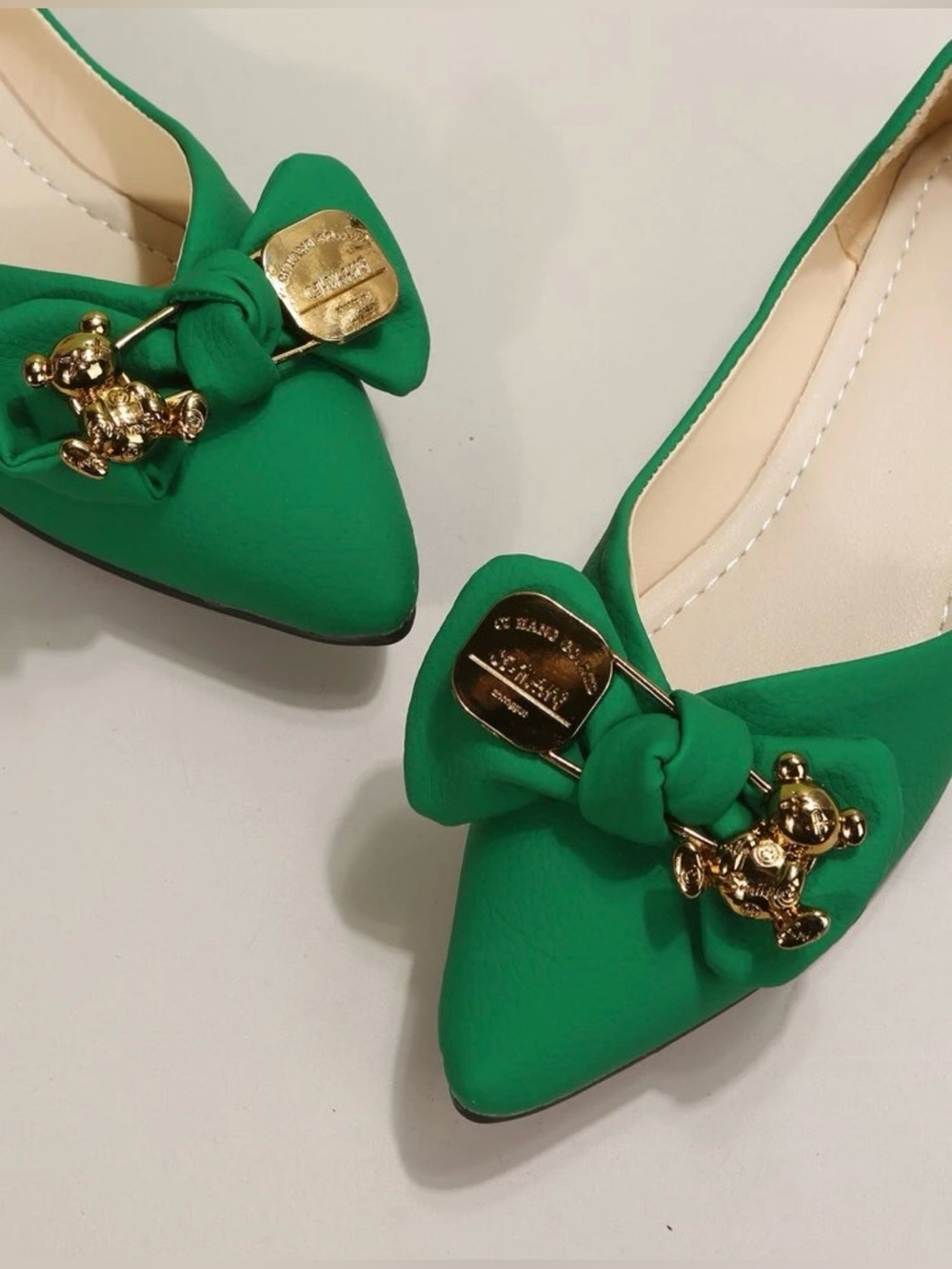 SHEIN Green Pointed Bow Flats with Gold Teddy Charm